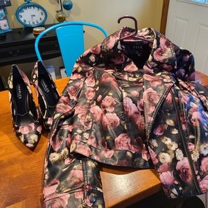 Charles David Stilettos and matching pink rose floral jacket